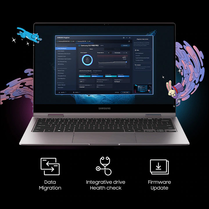 Samsung magician software is running on the PC screen. Below that, the three core functions Firmware update, Performance optimization, and Encrypted drive are indicated in text and icons.